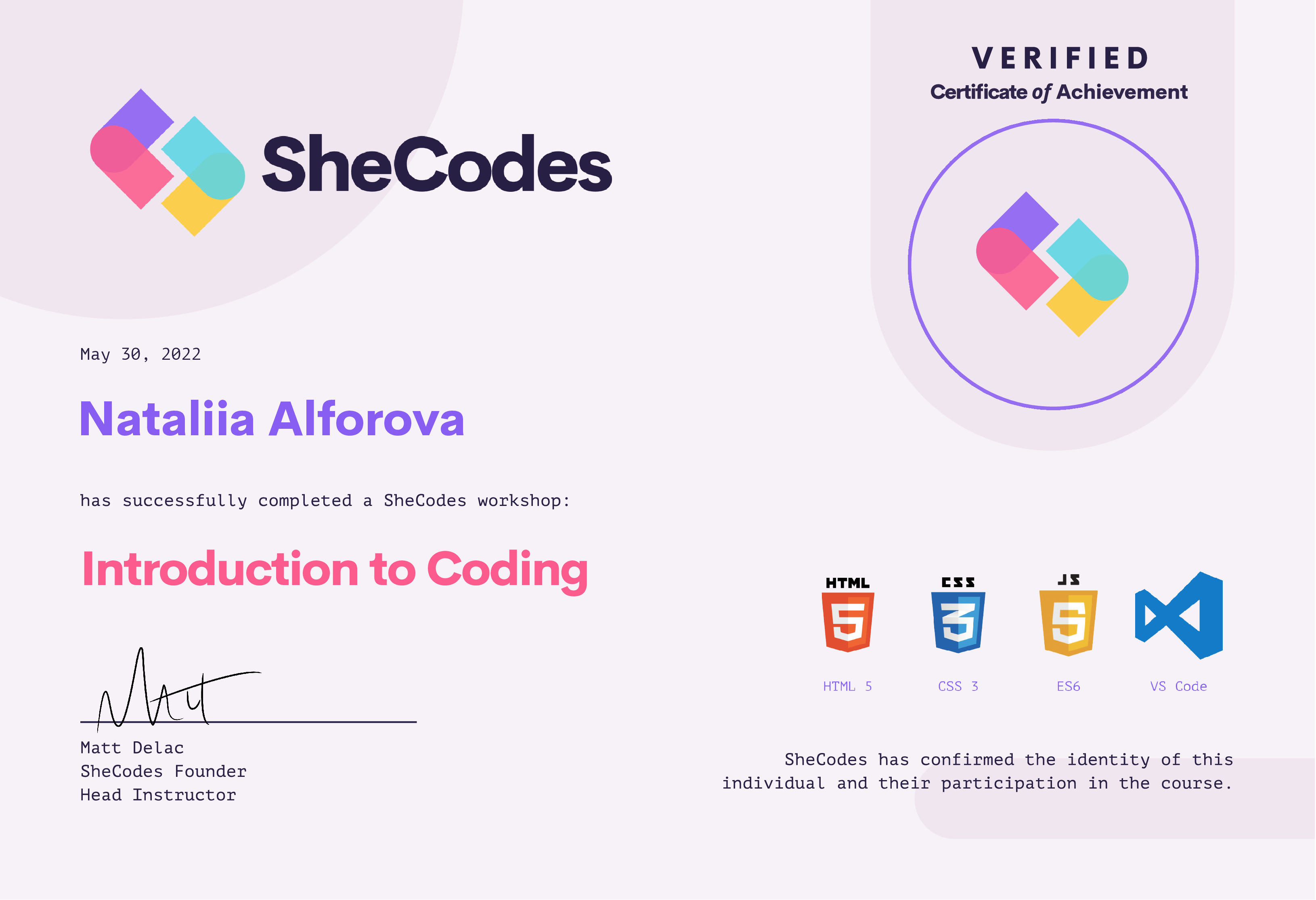 SheCodes Basic Certificate