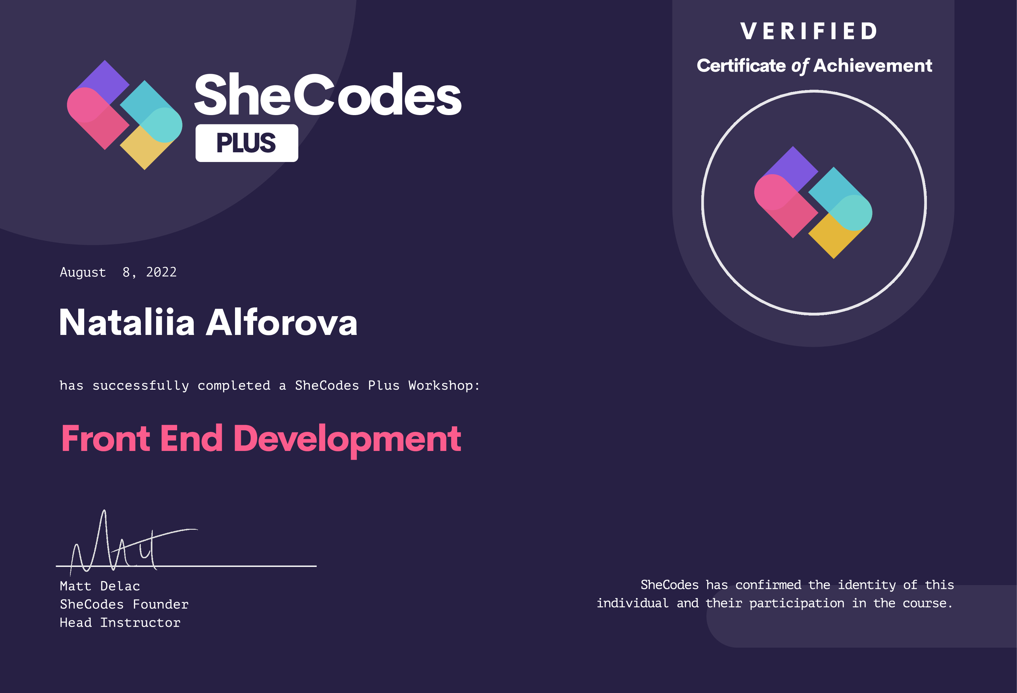 SheCodes Plus Certificate